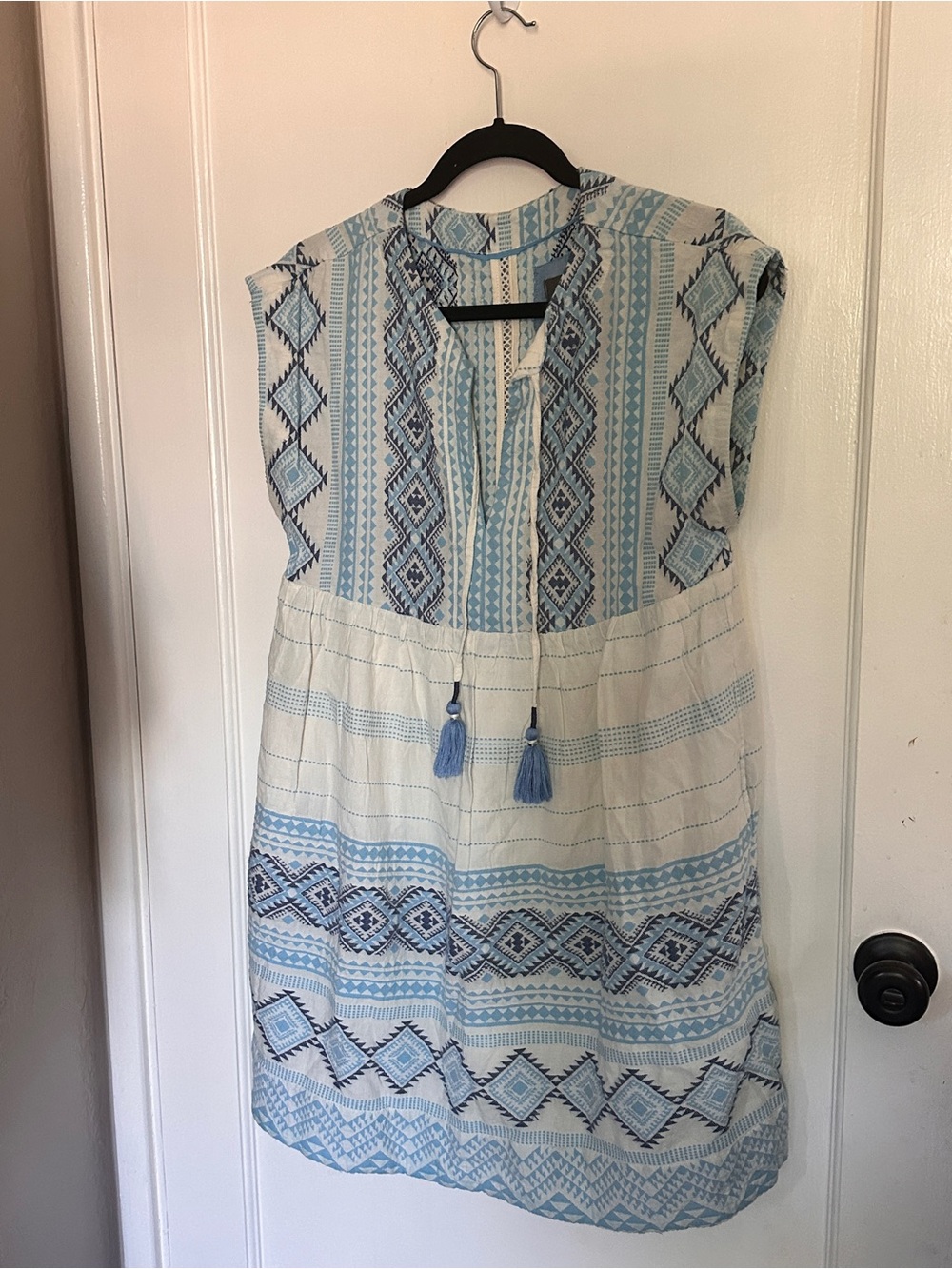 Anthropologie Blue and White Embroidered Mini Dress
